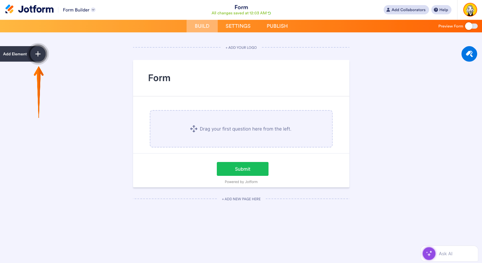 Jotform Form Builder Add Element Menu Button
