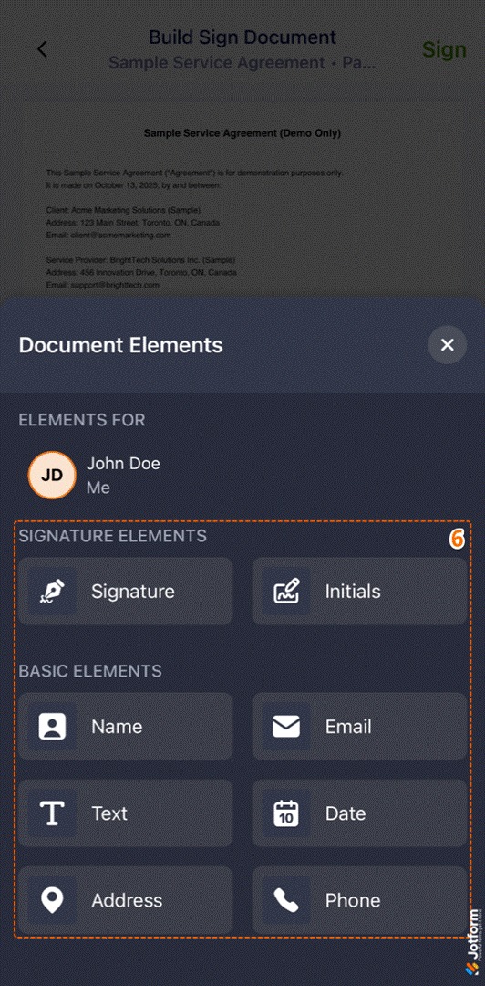 Adding document elements, such as the Signature element, in the Jotform Sign Mobile App
