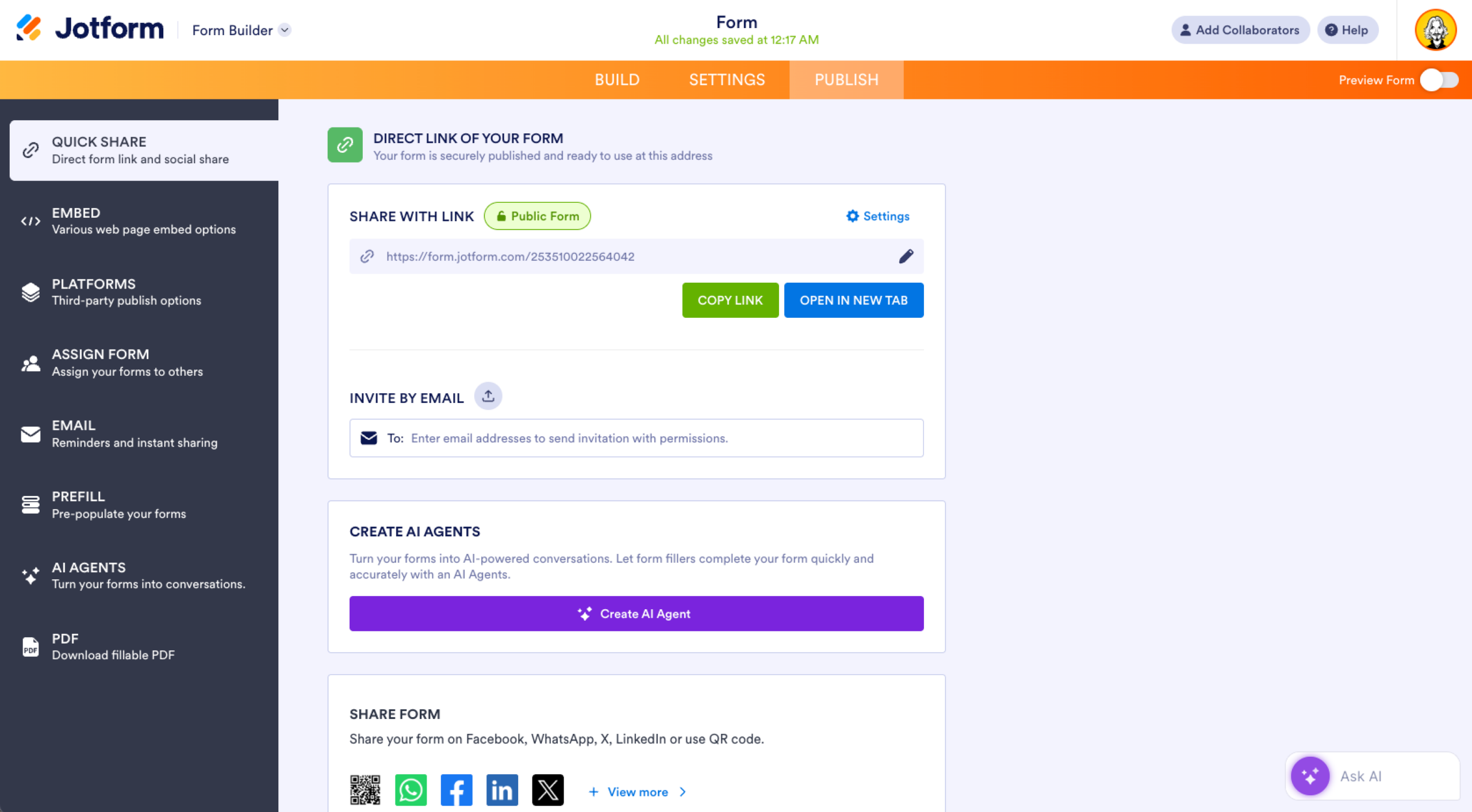 Jotform Form Builder Publish Tab