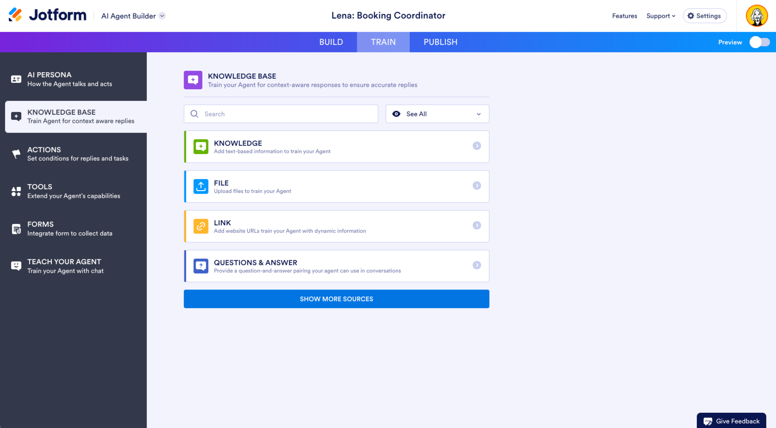 Jotform AI Agent Builder Train Tab Knowledge Base