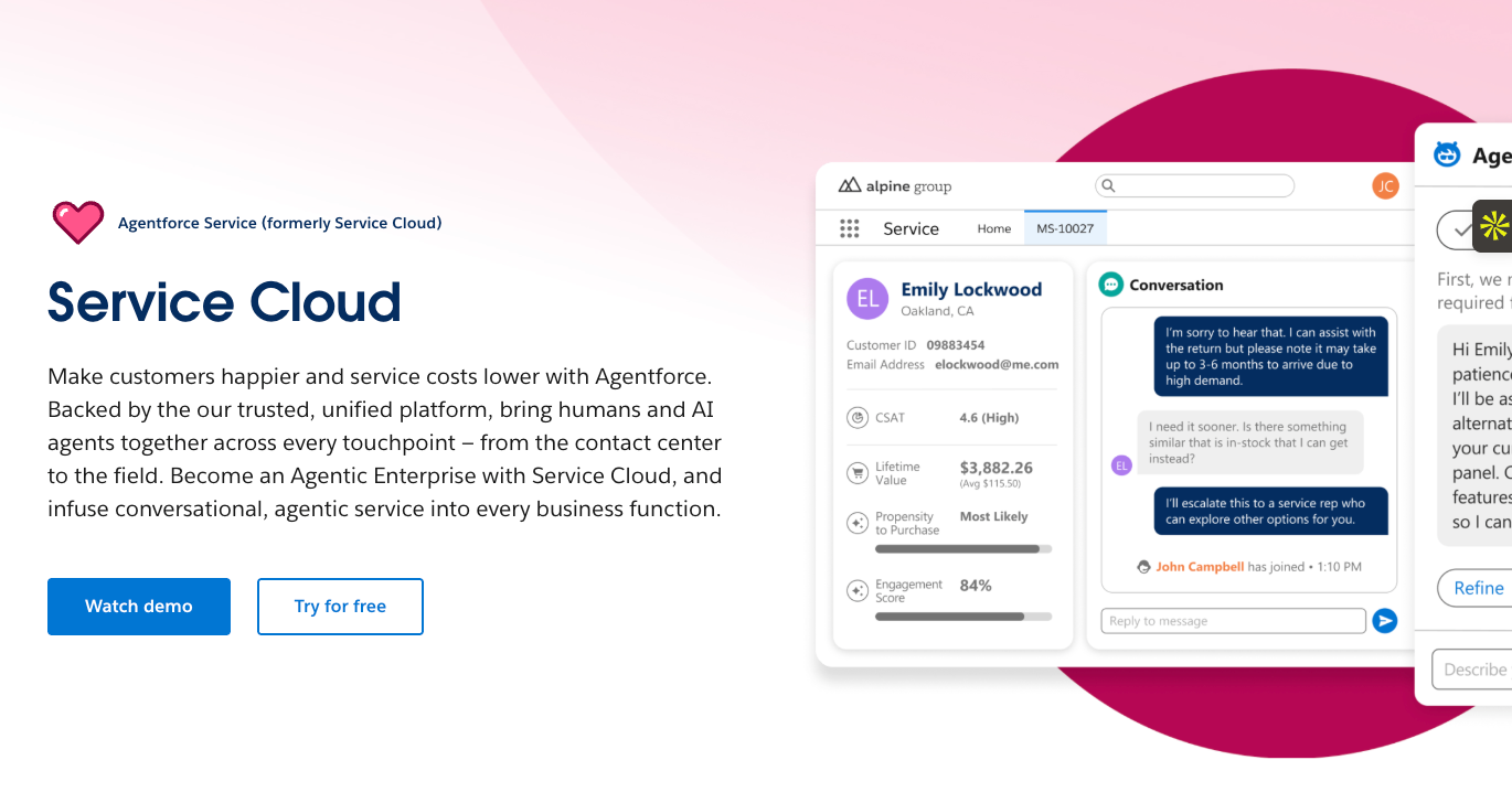 Salesforce Service Cloud website with the words: "Make customers happier and service costs lower with Agentforce"
