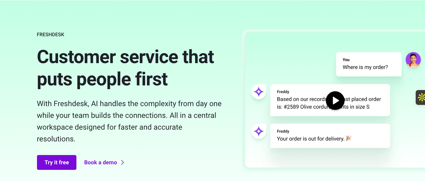 Freshdesk website with the words: "Customer service that puts people first"