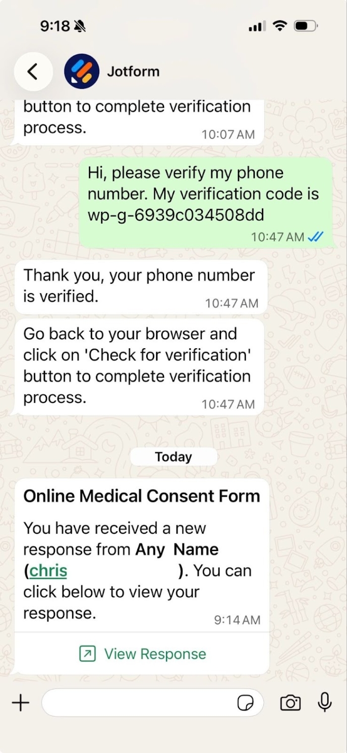 Viewing the conversation with Jotform's business account on WhatsApp