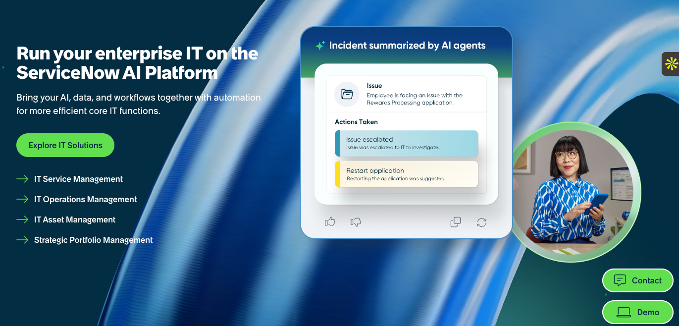 ServiceNow website with the words: "Run your enterprise IT on the ServiceNow AI Platform"