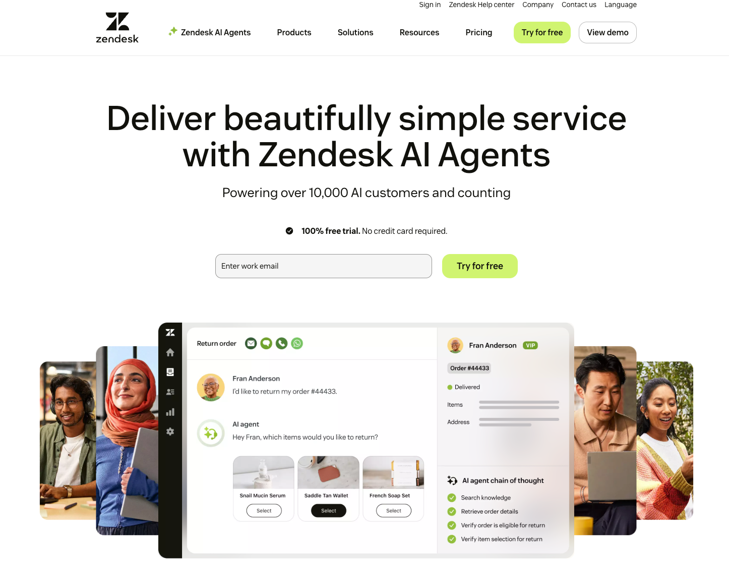 Zendesk website with the words: "Design beautifully simple service with Zendesk AI Agents"