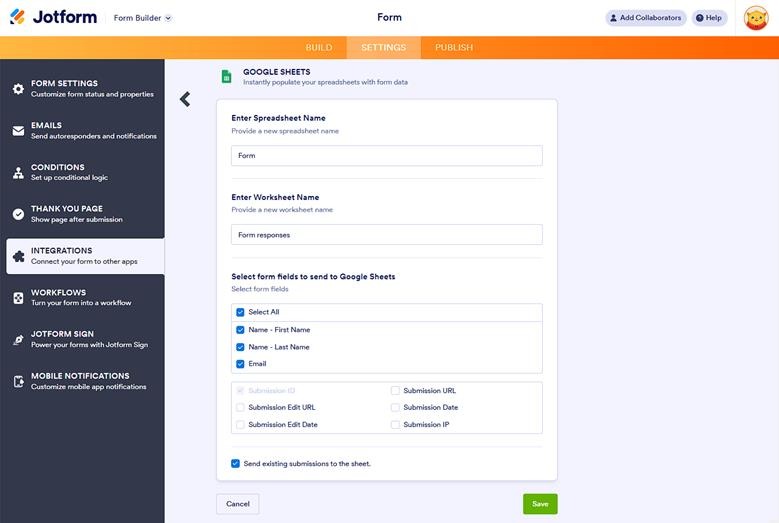Jotform Google Sheets Integration Sheet Customization