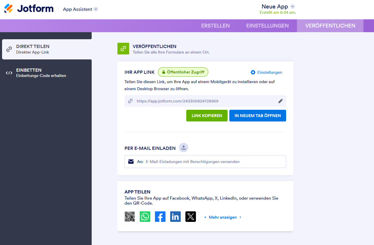 Direkt Teilen-Option unter der Registerkarte „Veröffentlichen“ im Jotform App Generator