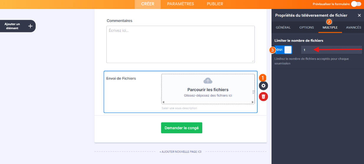 Onglet Multiple dans le panneau des Propriétés avec une flèche pointant vers le nombre de fichiers acceptés par soumission