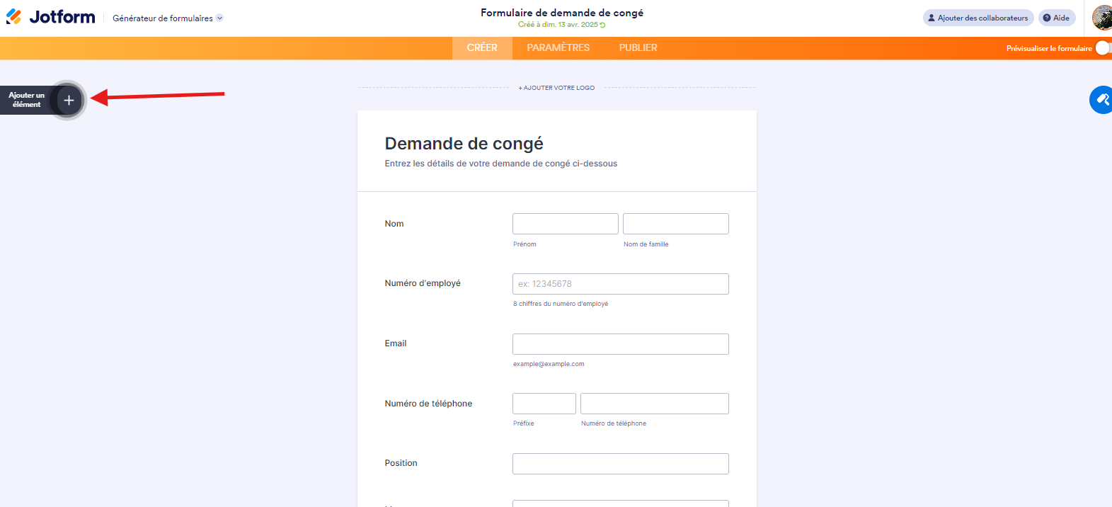 Interface du Générateur de formulaires Jotform avec une flèche qui pointe sur le bouton + Ajouter un élément du formulaire