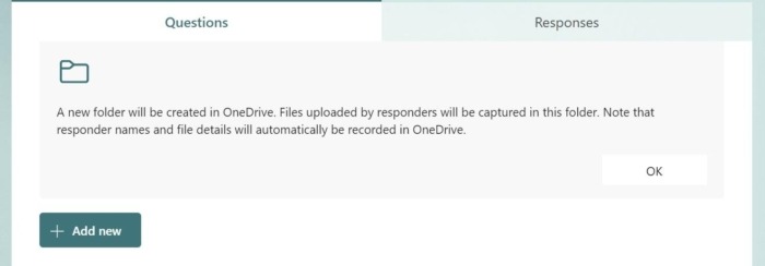 Message concernant la création d’un nouveau dossier OneDrive dans Microsoft Forms
