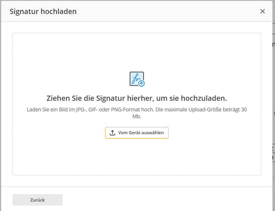 Hochladen der Signatur durch Klicken auf die Schaltfläche „Hochladen“