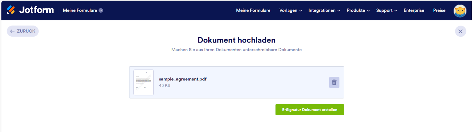 Klicken Sie links auf den grünen ButtonSignierbares Dokument erstellen