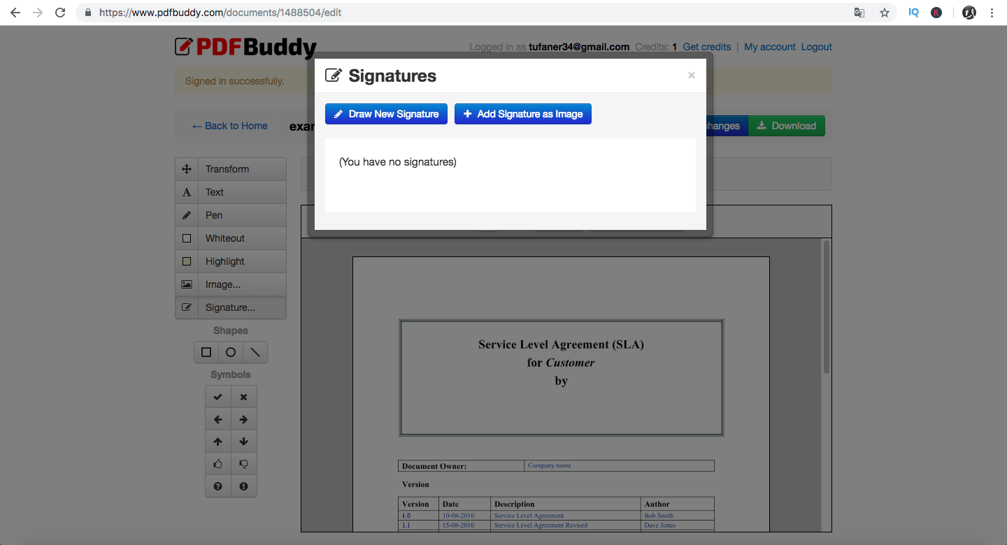 Hinzufügen einer Signatur in PDFBuddy