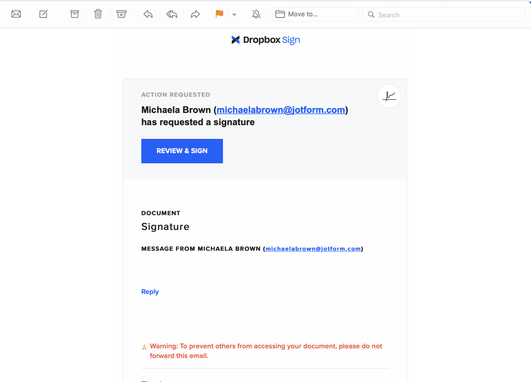 Anzeigen, dass der Benutzer eine Unterschrift in Dropbox Sign angefordert hat