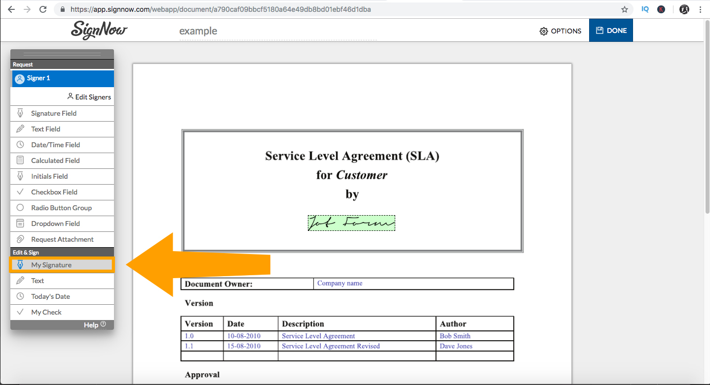 Wenn das Dokument geöffnet ist, klicken Sie wie unten gezeigt auf Meine Signatur