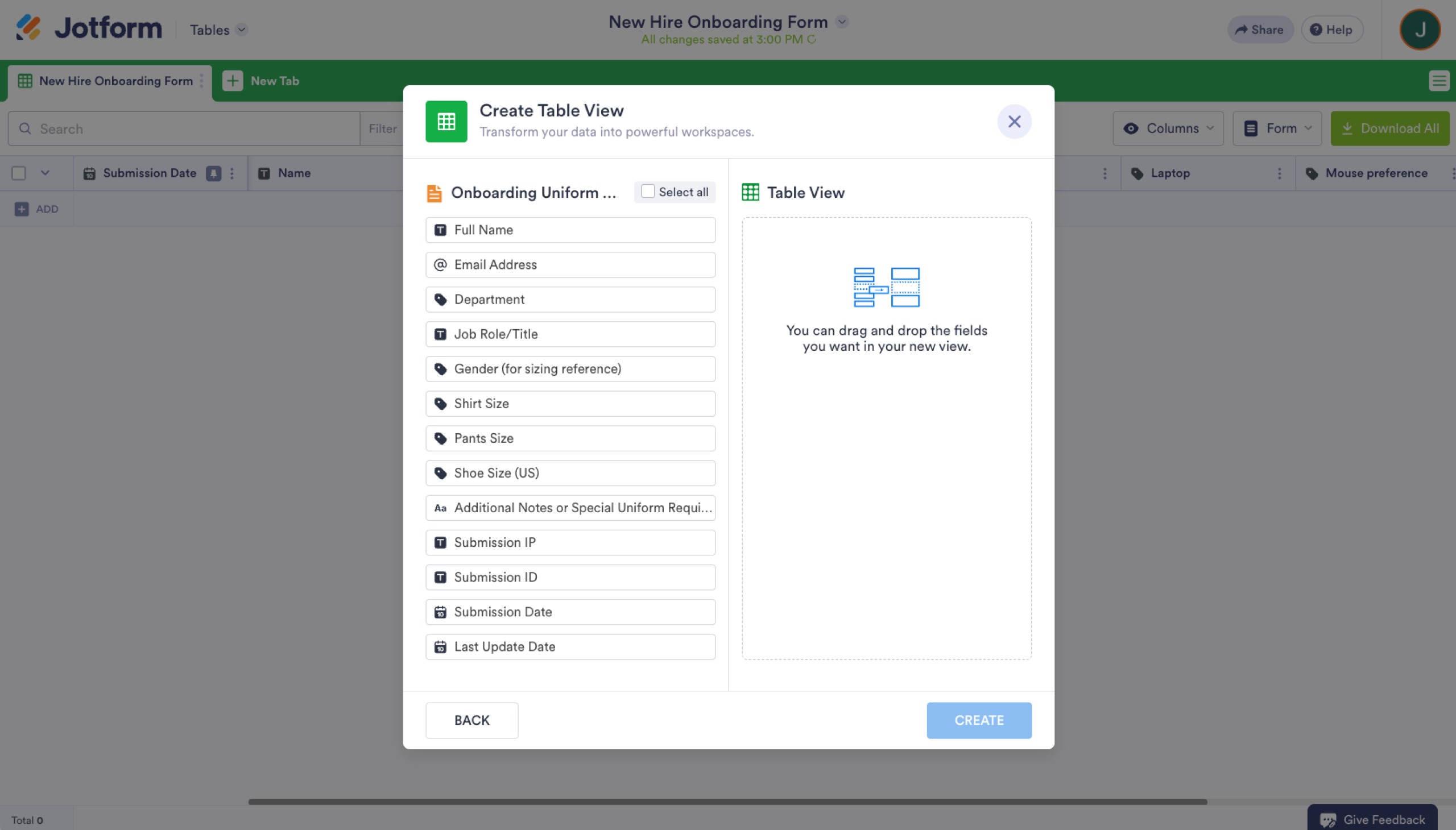 Jotform Tables Create Table View Form Field Selection