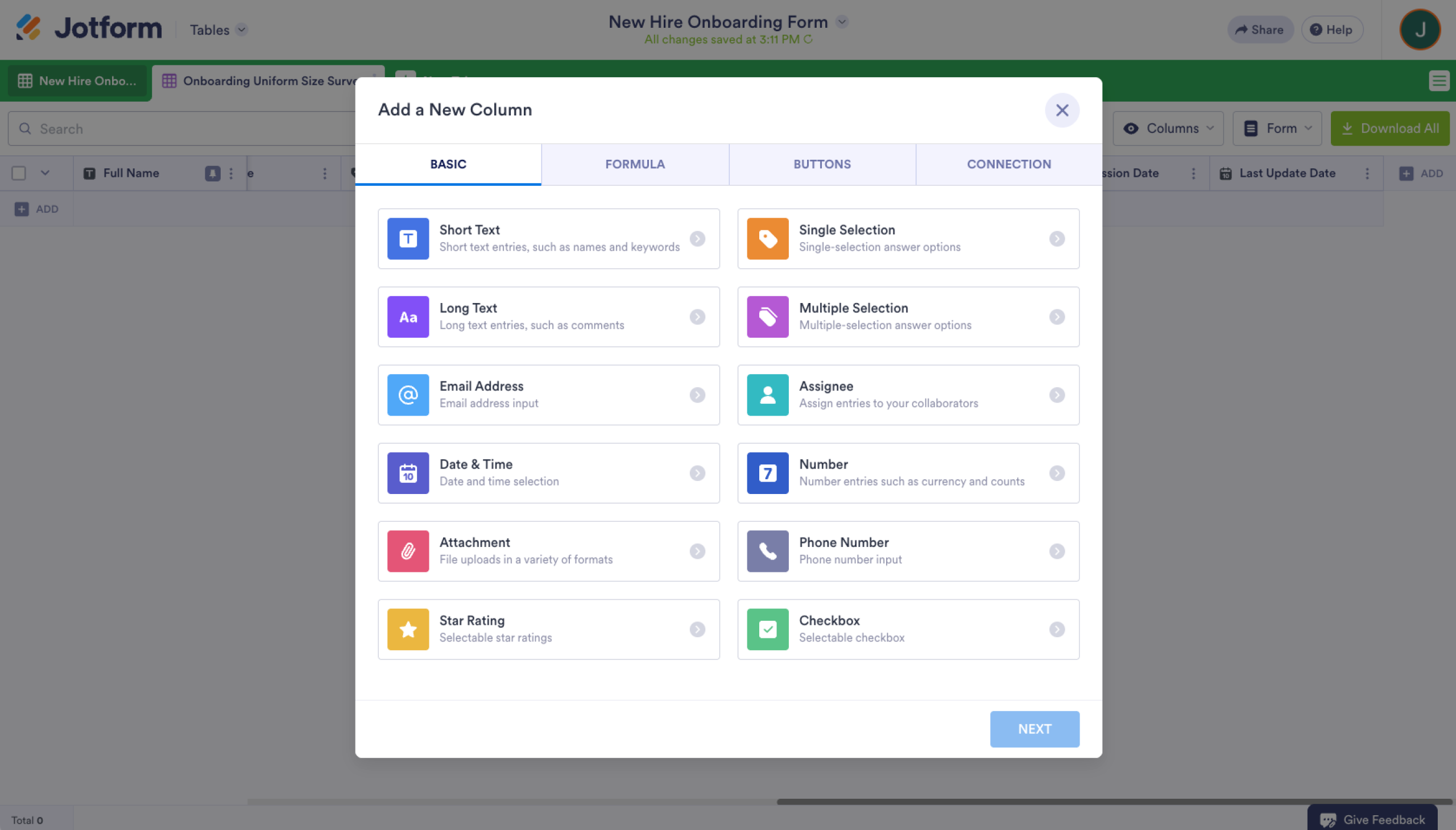 Jotform Tables Add Column Button Column Type Selection