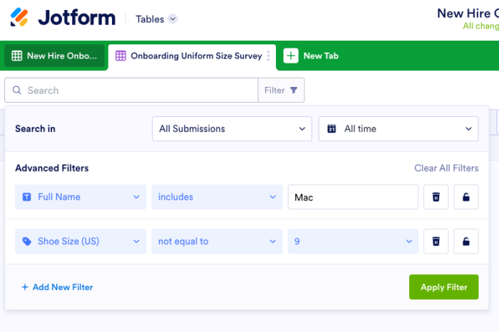 Jotform Tables Data Filtering Tab