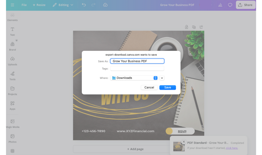System save dialog appearing after downloading from Canva, prompting the user to save the file named “Grow Your Business PDF” to the Downloads folder