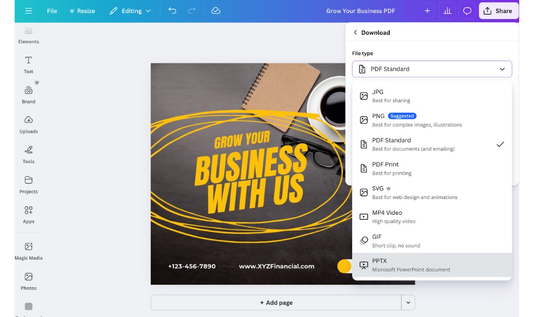 Canva editor showing the Download panel open, with “PDF Standard” selected as the file type for exporting a business flyer