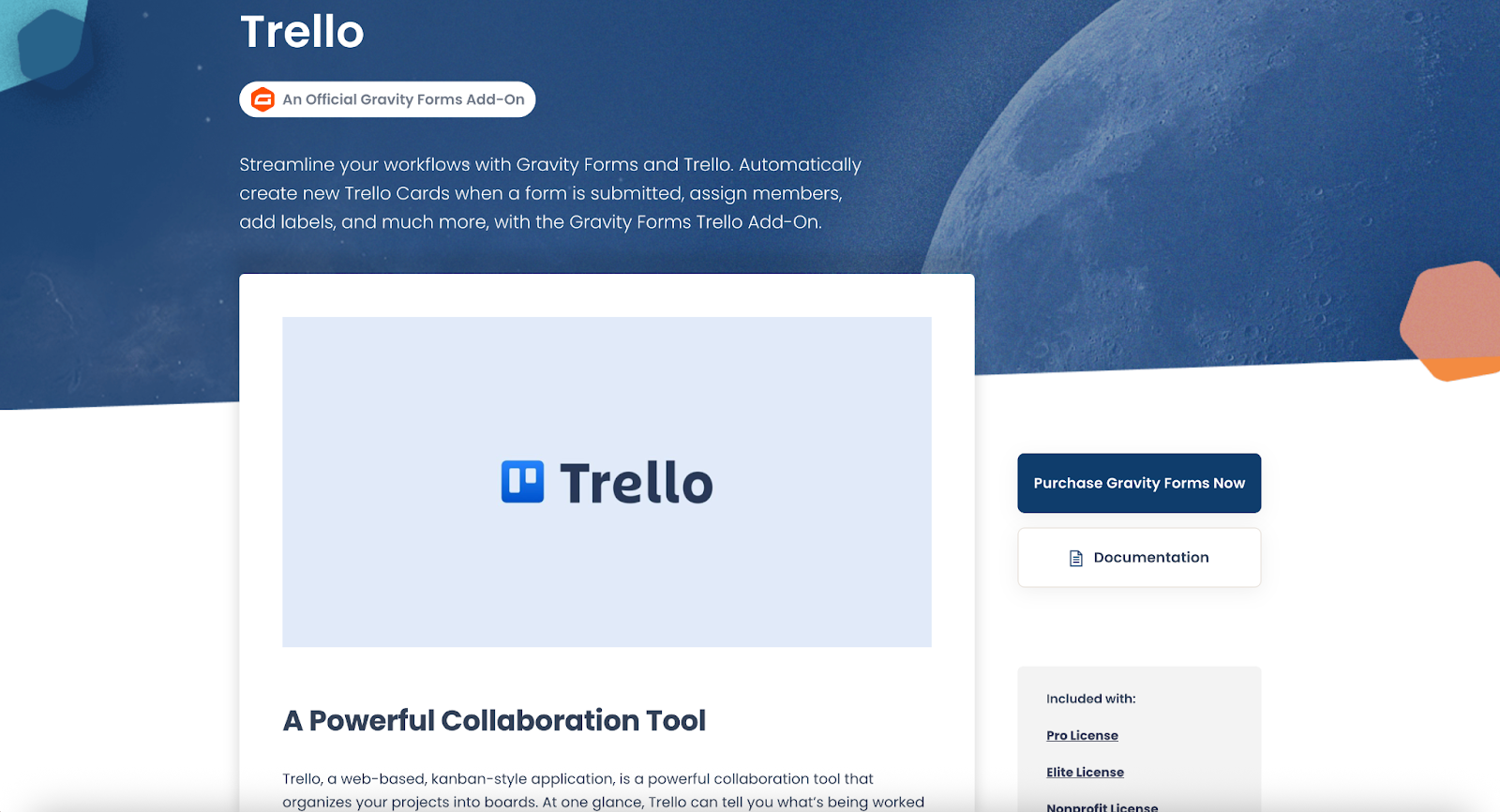 Screenshot of the Gravity Forms Trello add-on page, showing the key features