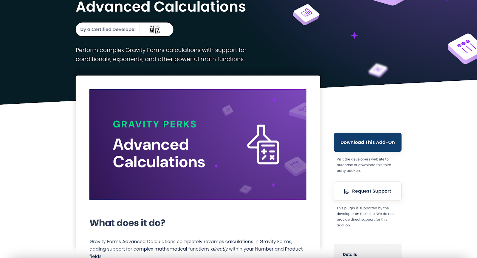 Screenshot of the Gravity Forms Advanced Calculations add-on page, showing the key features