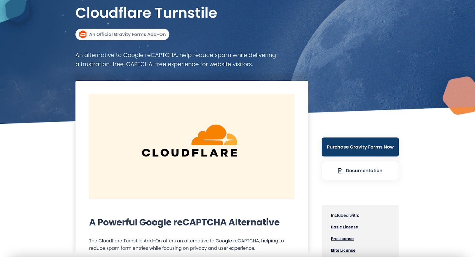 Screenshot of the Gravity Forms Cloudflare Turnstile add-on page, showing the key features