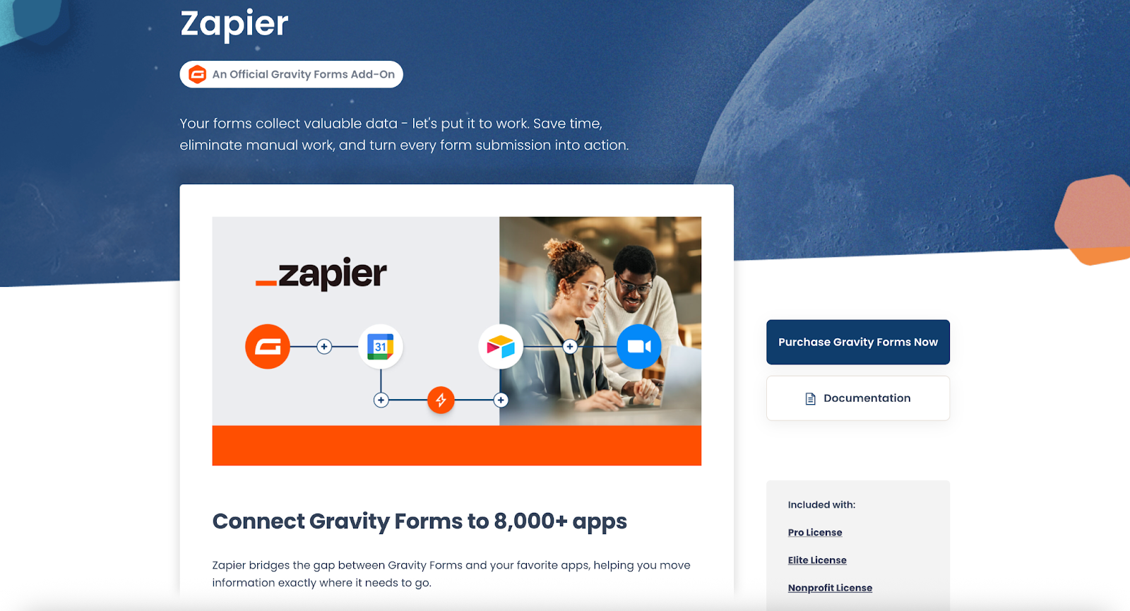 Screenshot of the Gravity Forms Zapier add-on page, showing the key features