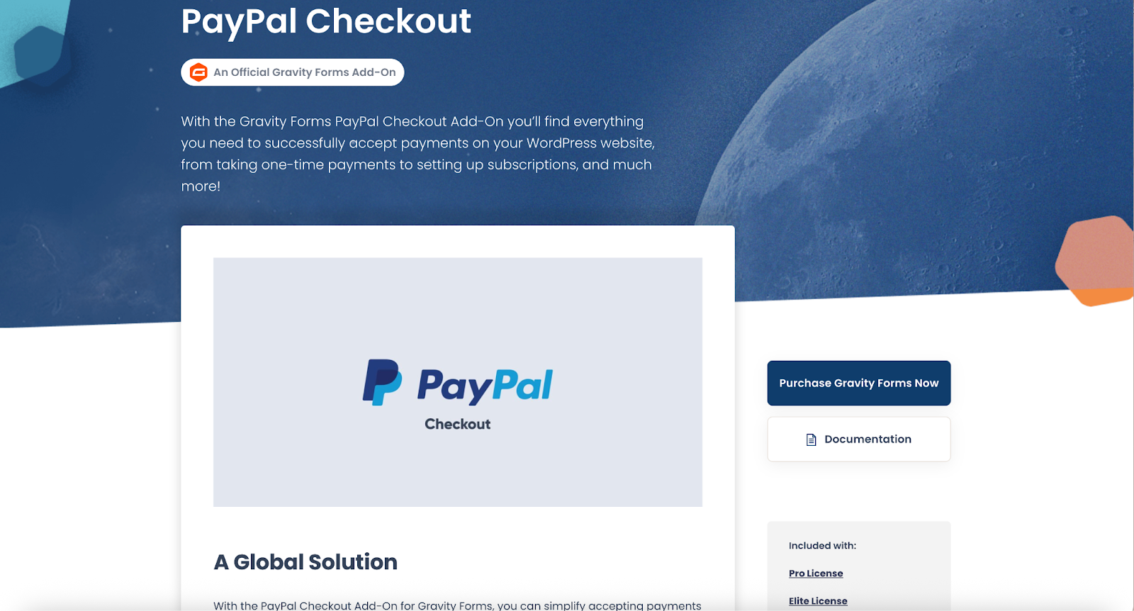 Screenshot of the Gravity Forms PayPal add-on page, showing the key features