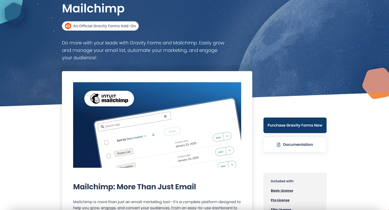 Screenshot of the Gravity Forms Mailchimp add-on page, showing the key features