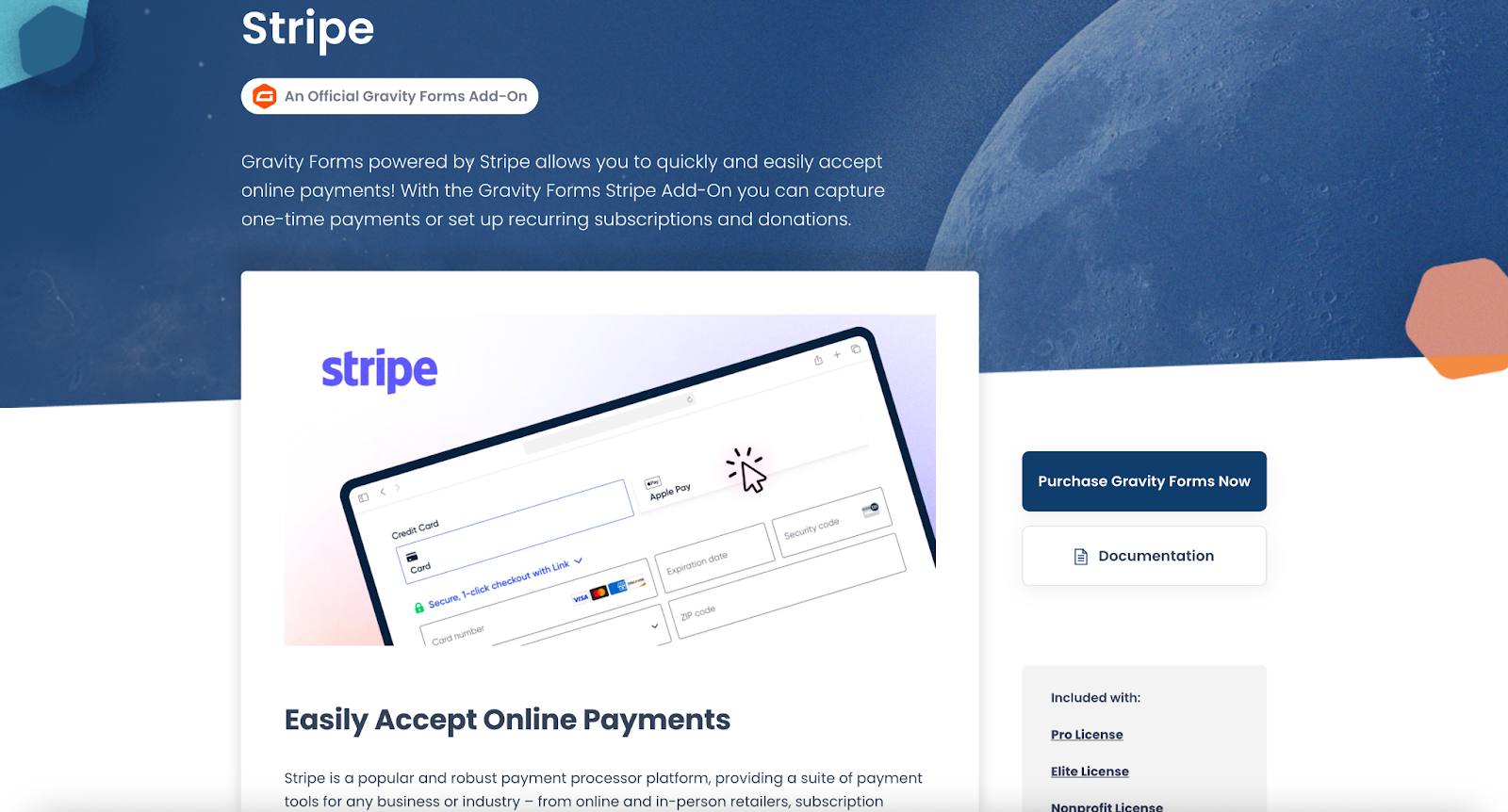 Screenshot of the Gravity Forms Stripe add-on page, showing the key features