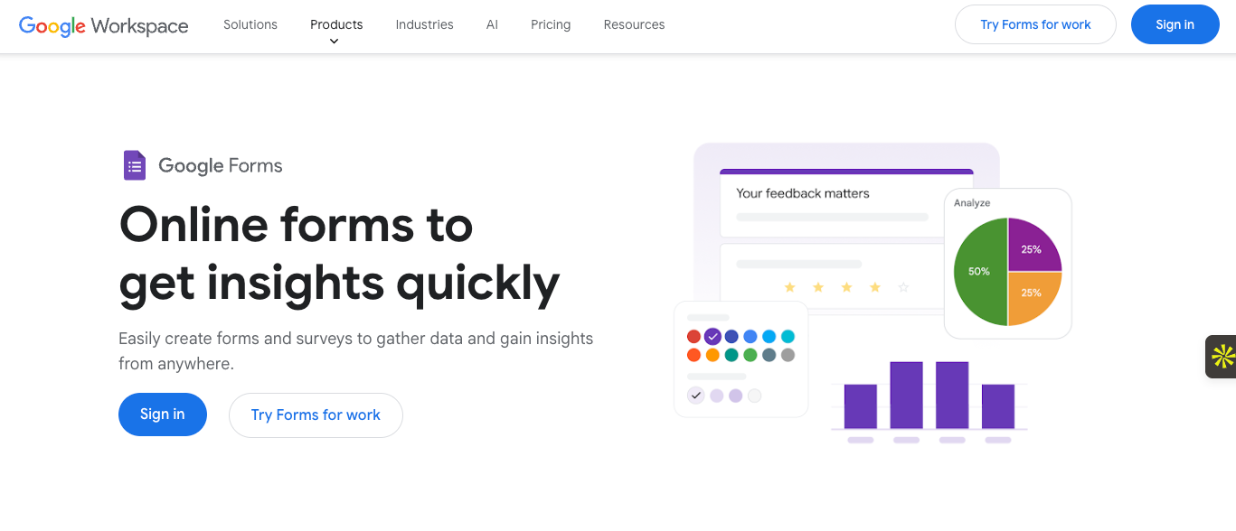 Screenshot of Google Forms landing page
