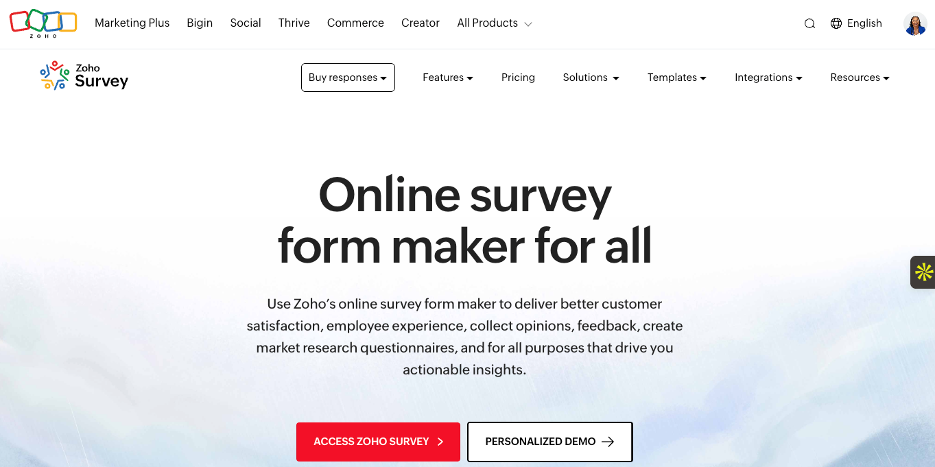 Screenshot of Zoho Survey landing page