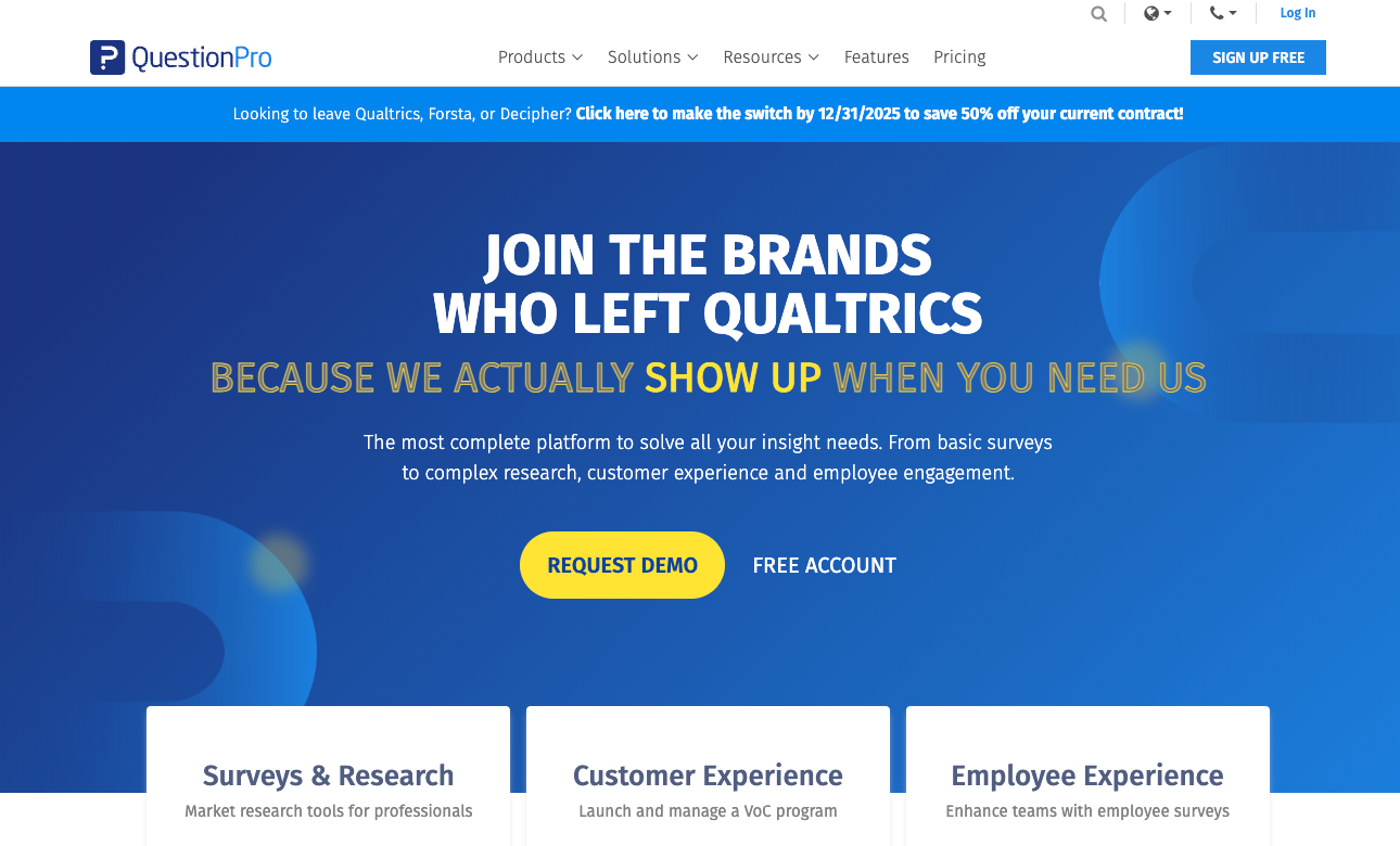Screenshot of QuestionPro landing page