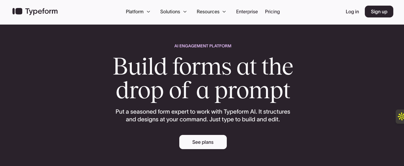 Screenshot of Typeform landing page