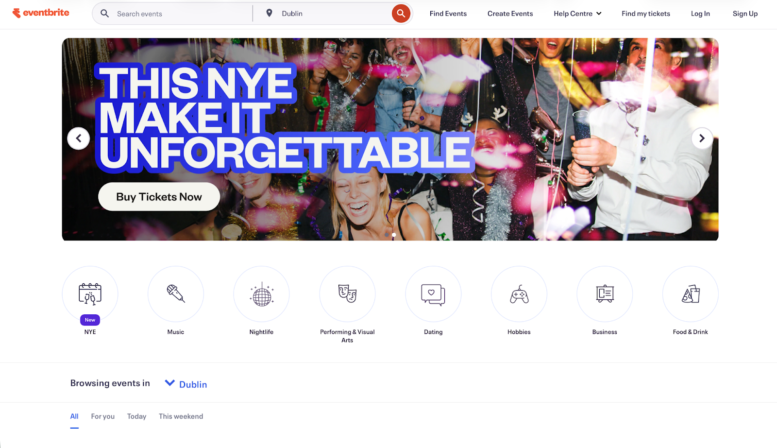 Screenshot of Eventbrite landing page