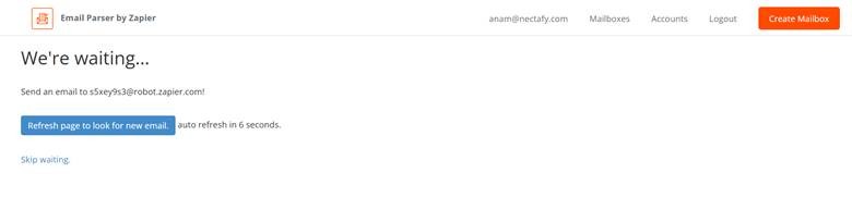 screenshot of email parser by zapier waiting page