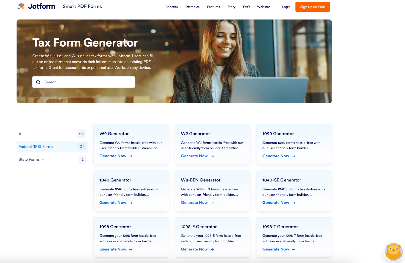 Screenshot of Jotform Tax Form Generator landing page