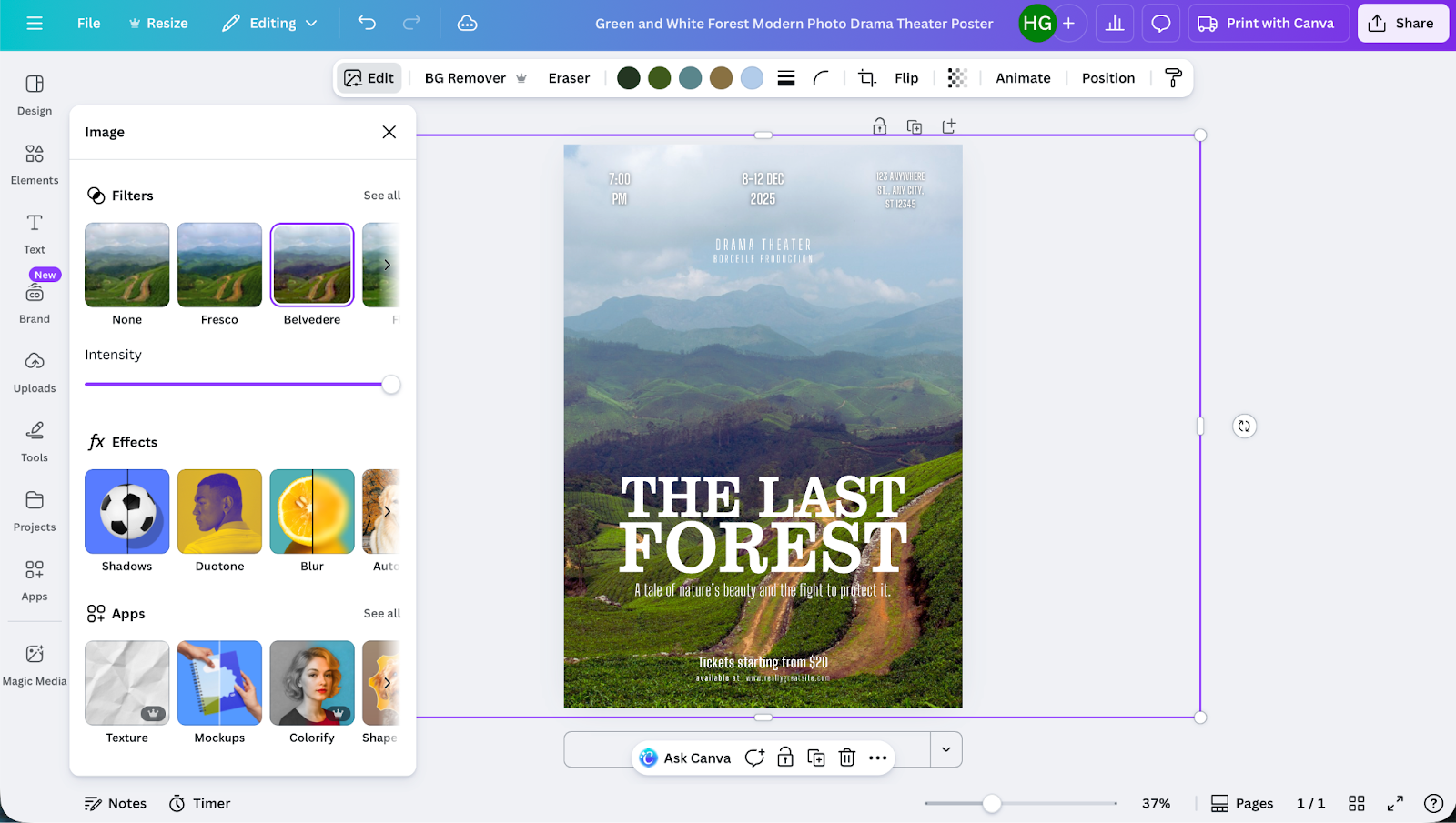 A screenshot of Canva’s editor showing a poster design titled The Last Forest