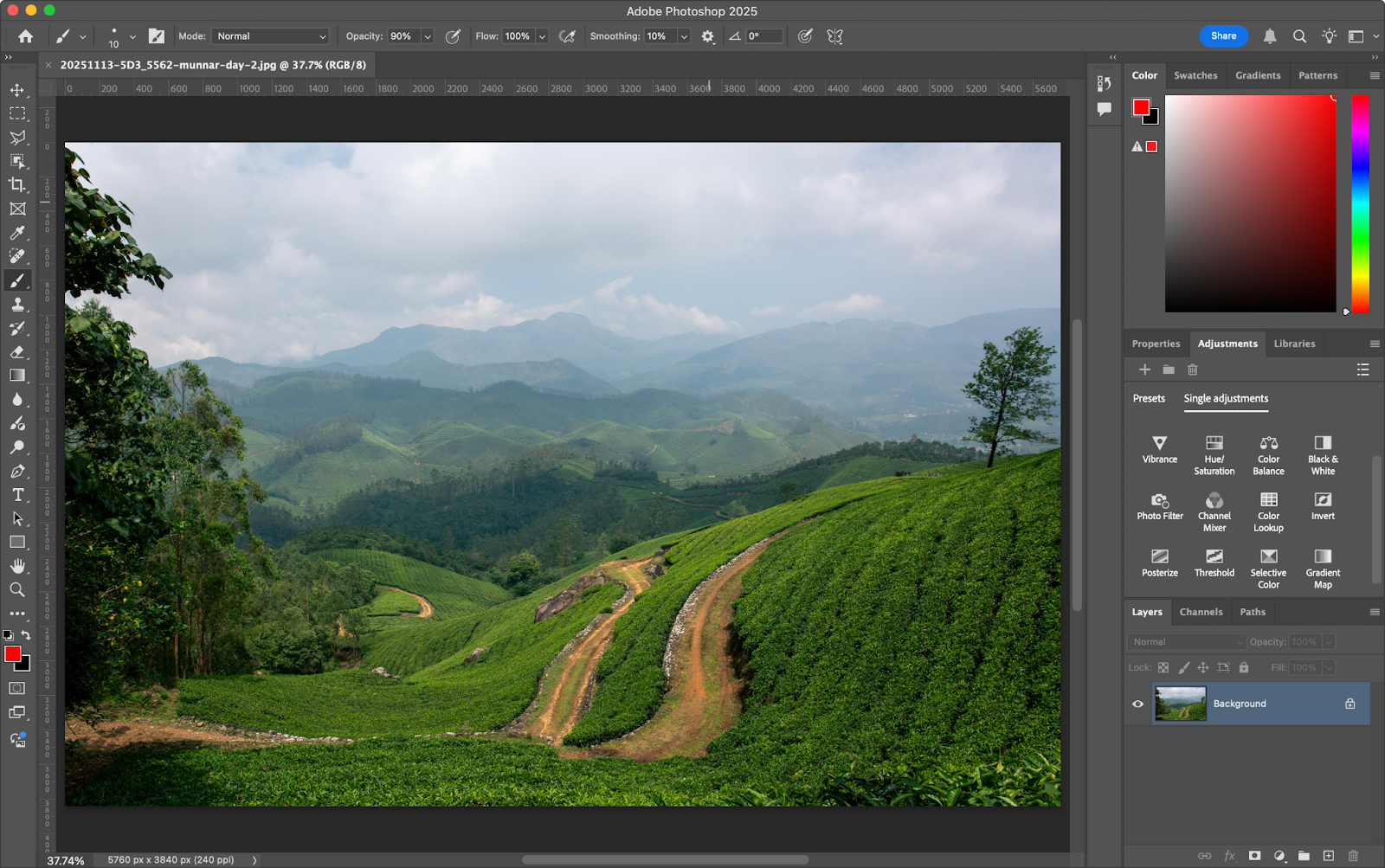 A screenshot of Adobe Photoshop 2025 showing a landscape image
