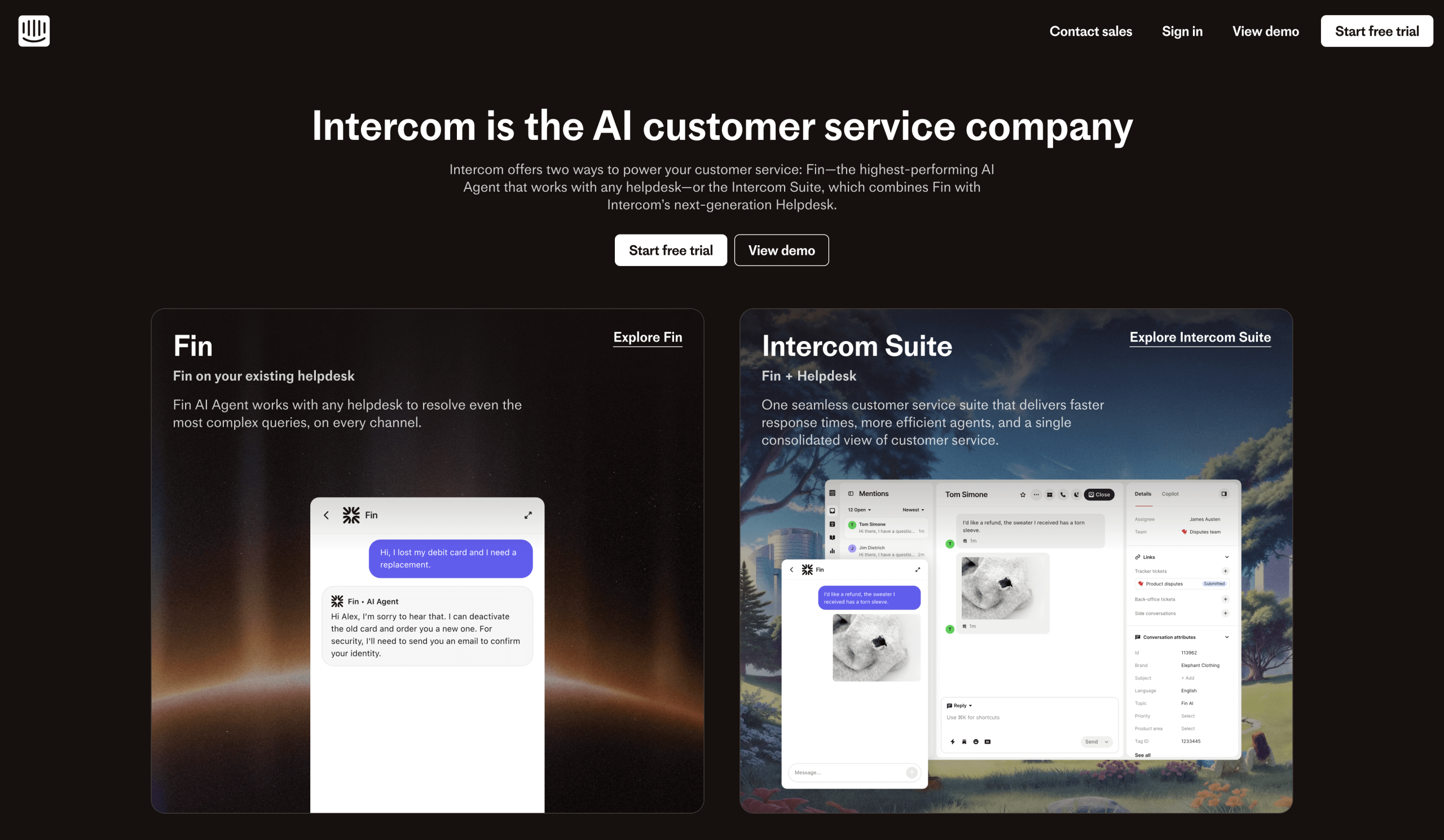 Screenshot of Intercom landing page