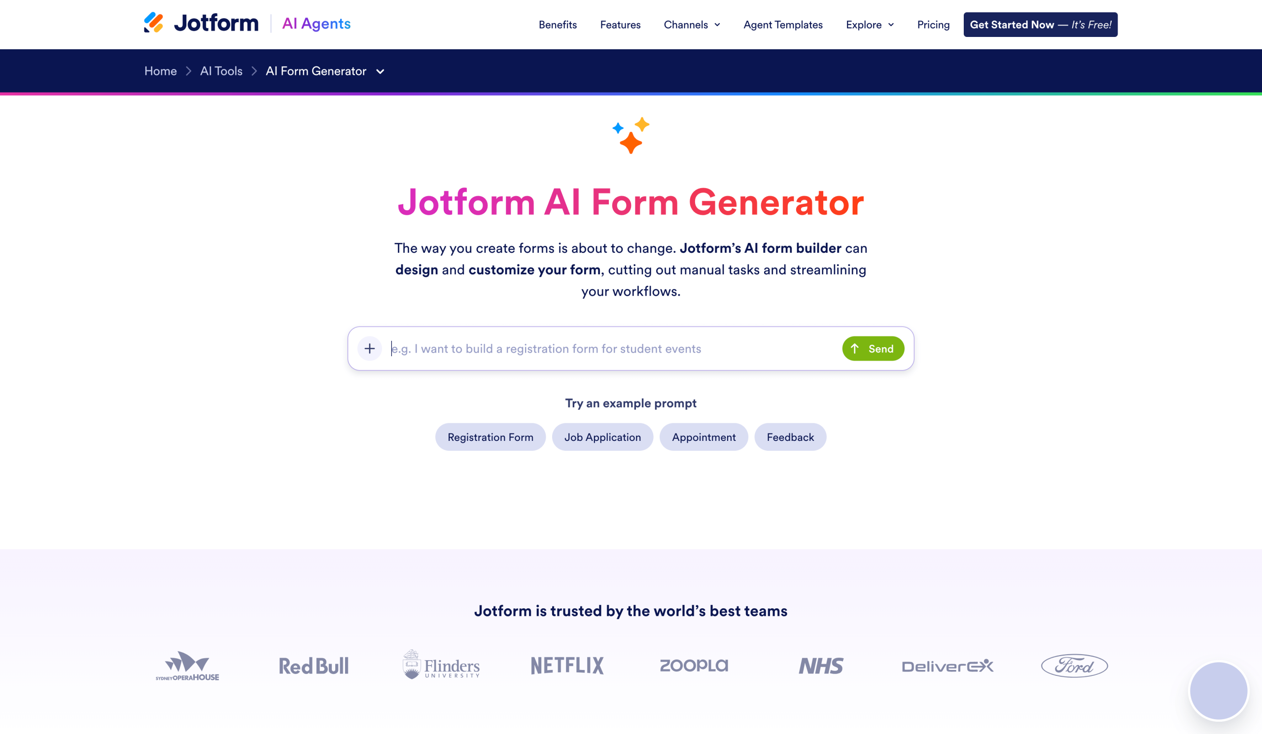 Screenshot of Jotform AI Form Generator landing page