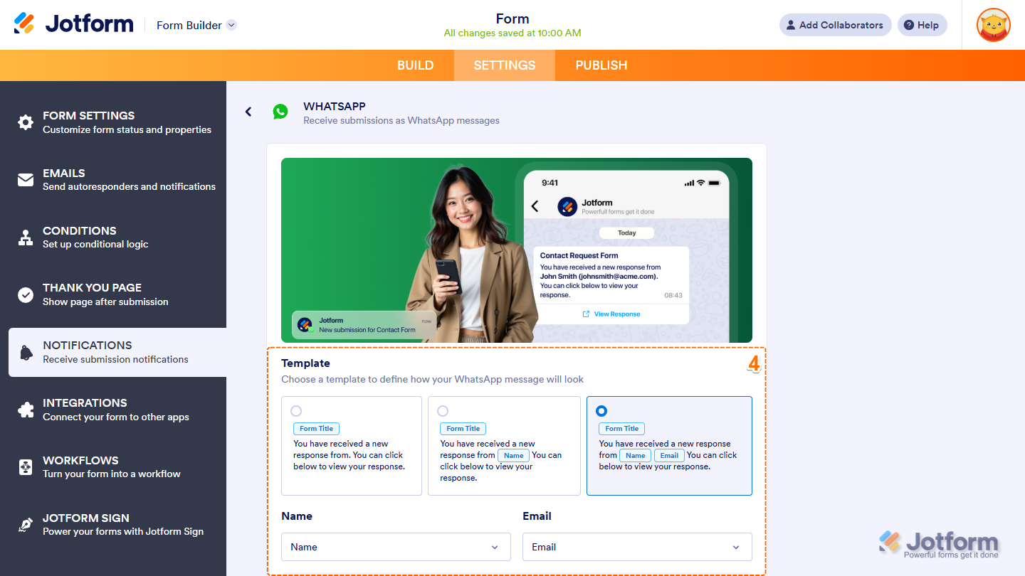 Select Template of the WhatsApp Notification settings