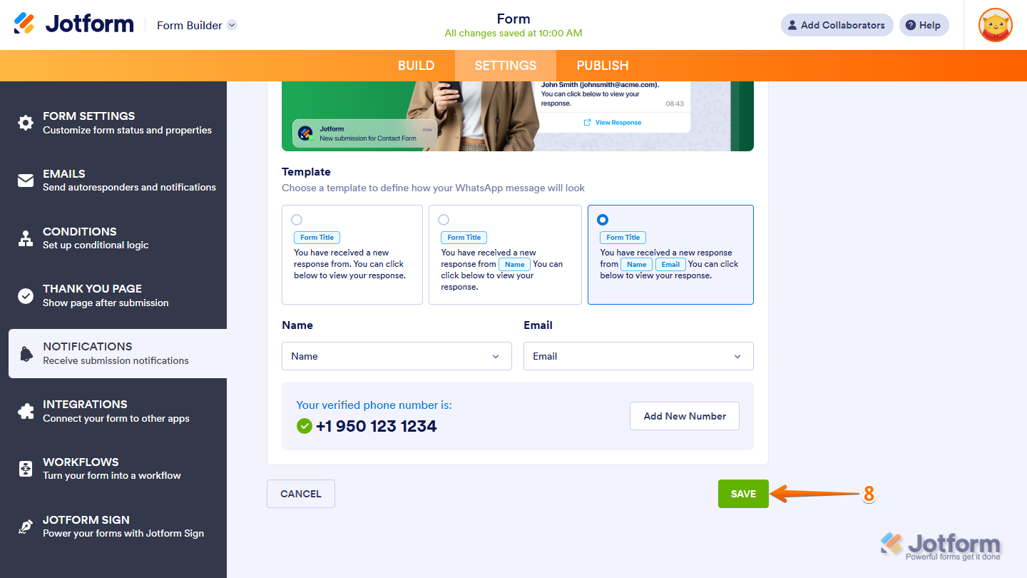 Save button in the WhatsApp Notification settings
