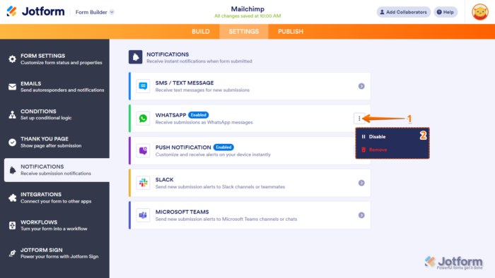 WhatsApp menu with the Disable and Remove options