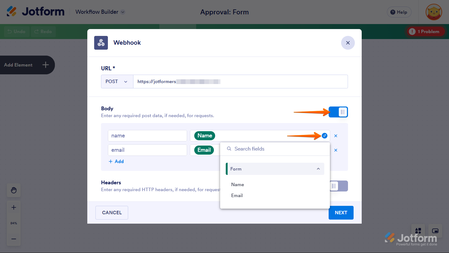 HTTP Body configuration in the Webhook element settings