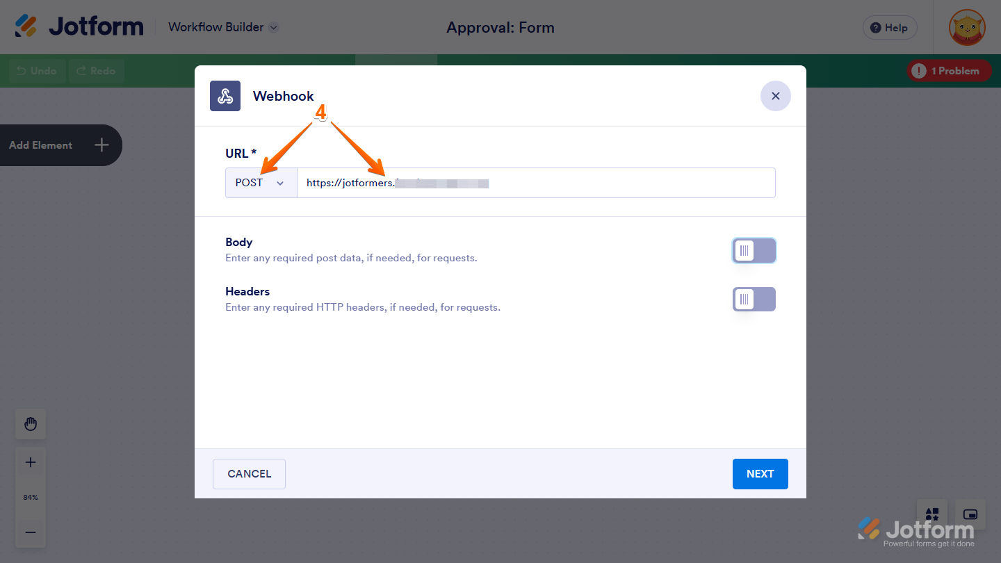 HTTP Request selector in the Webhook element configuration
