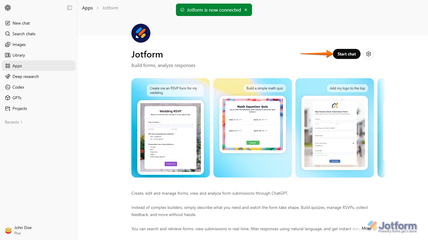 Start Chat button in the Jotform App in the Apps section in ChatGPT