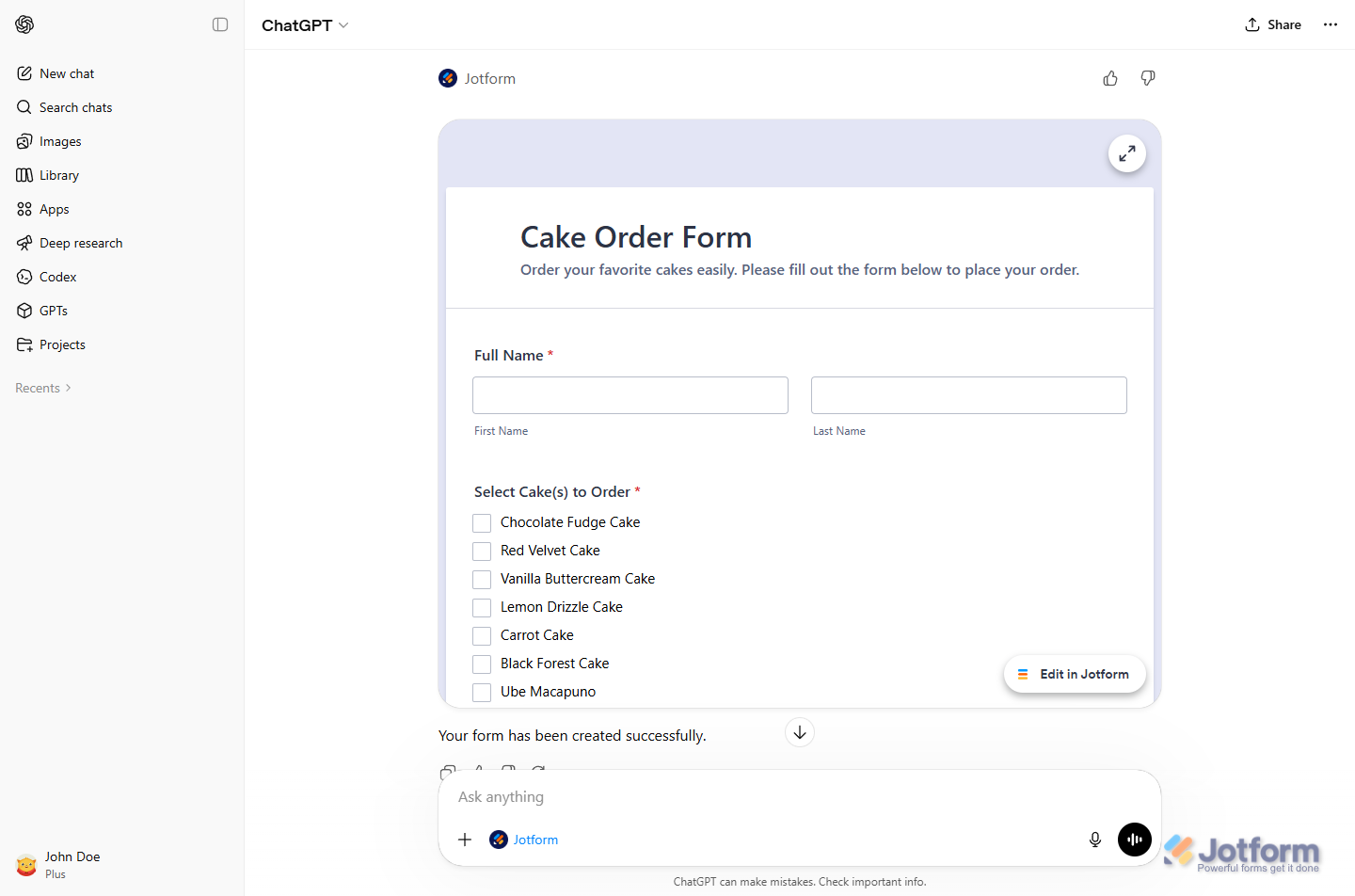 Newly created Jotform form preview in the ChatGPT chat