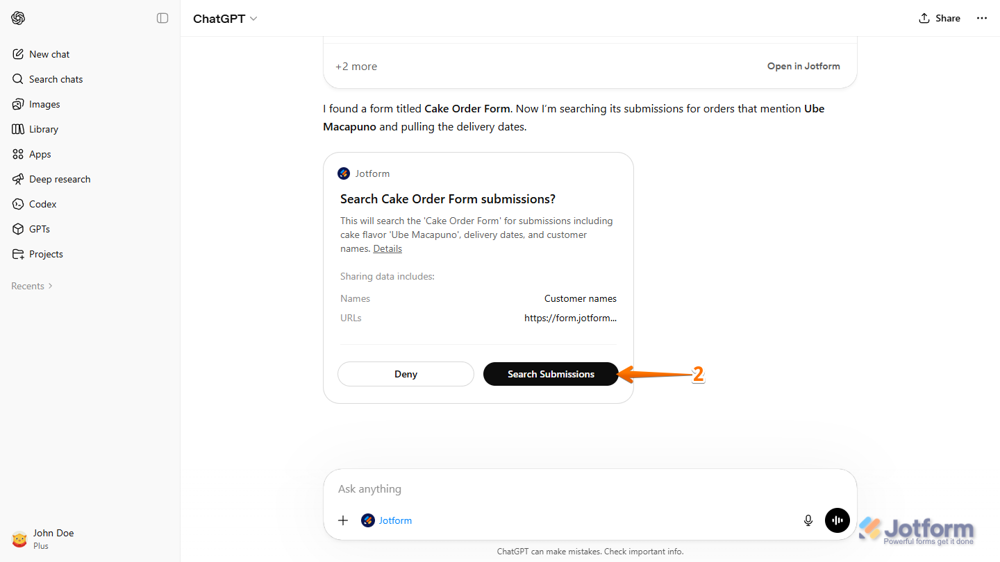 Search Submissions button in the confirmation message for Jotform App in the ChatGPT chat